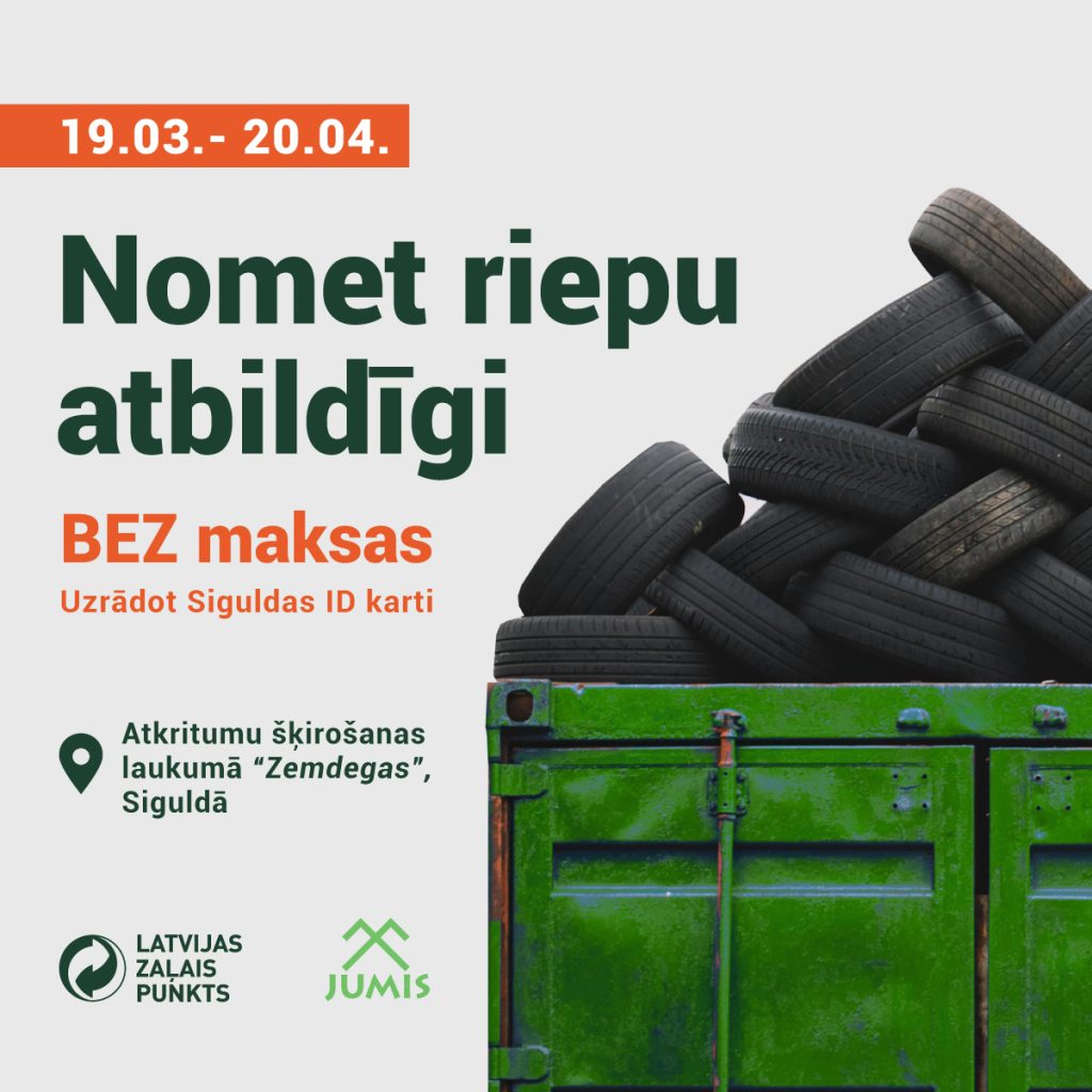 Vēl līdz 20. Aprīlim šķirošanas laukumā „Zemdegas“ var nodot nolietotās vieglo auto riepas