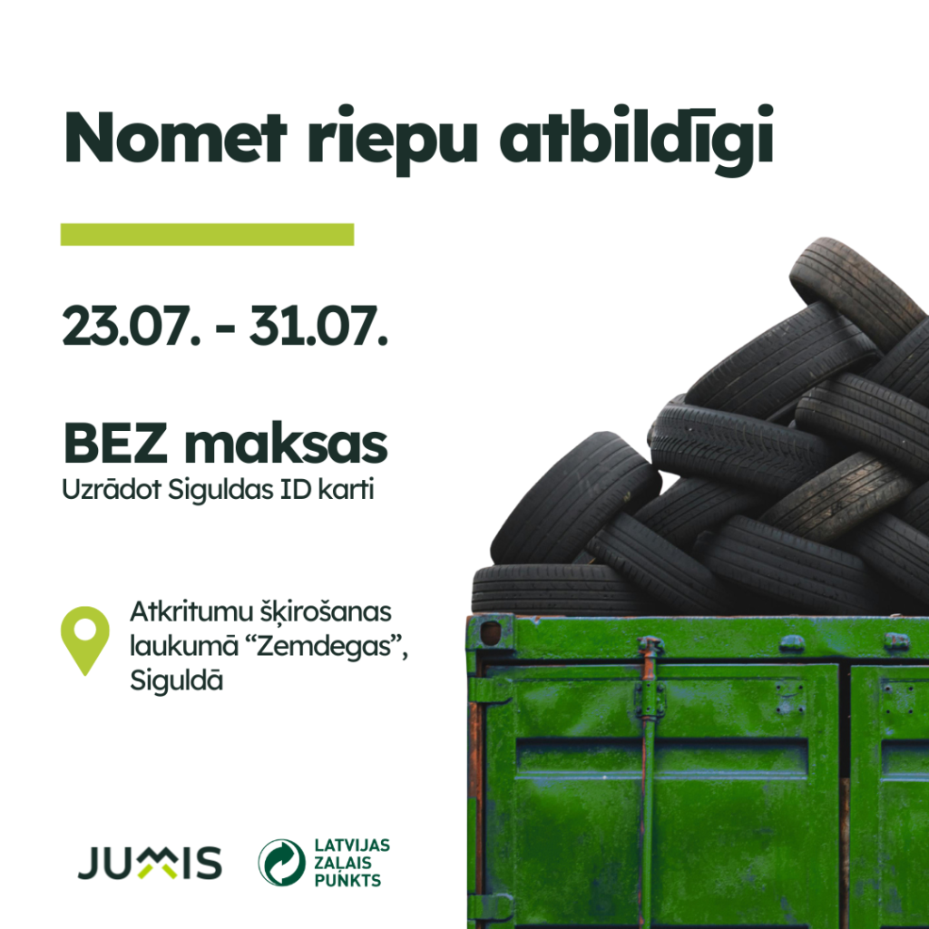 Nedēļas garumā, no 23. jūlija līdz 31. jūlijam, notiks nolietoto riepu nodošanas akcija “Nomet riepu atbildīgi”